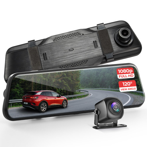 Pyle Dual Dash Cam Rearview Mirror, 1080p Full HD Front and Rear Car Camera with Night Vision, G-Sensor, Loop Recording, 9.66” Touchscreen, Backup Cam, Motion Detection, Wide-Angle Lens, 12" x 2" x 3"