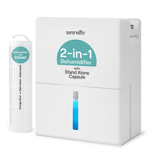 SereneLife 2-in-1 91 Oz Dehumidifier For Home, Bedroom, Bathroom, Basement with Removable Cylinder & Drying Base, Timer, Sleep Mode, & Smart Humidity Control, Covers 1200 Sq Ft 9 x 6 x 13 in, White
