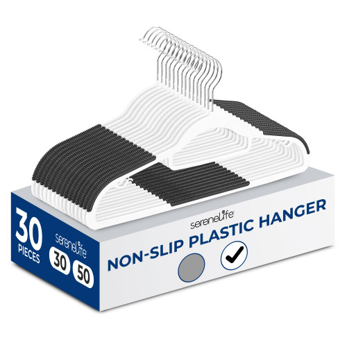 SereneLife Plastic Clothes Hangers, 30-Pack Hanger Set with Non-Slip Rubber Pads and 360° Swivel Metal Hook, Durable White Hangers for Shirts, Pants, Dresses, Space-Saving Closet Organizer
