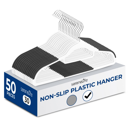 SereneLife Plastic Clothes Hangers, 50-Pack Hanger Set with Non-Slip Rubber Pads and 360° Swivel Metal Hook, Durable White Hangers for Shirts, Pants, Dresses, Space-Saving Closet Organizer