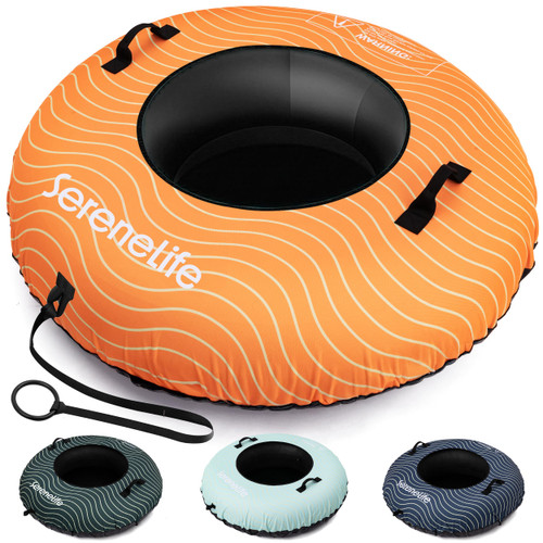 SereneLife 48'' XL Snow Tube for Sledding - Heavy Duty Rubber Inner Tube, Oxford Cover, Thickened PVC Bottom & Tow Strap - Inflatable Snow Sled for Kids & Adults - Perfect Winter Outdoor Fun Gift