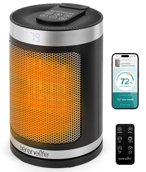 SereneLife Smart Space Heater – 1500W Indoor Electric Heater with Thermostat, Remote Control, 12-Hour Timer, Wi-Fi Enabled PTC Ceramic Heating for Home and Office, Black (5.9" x 5.9" x 9.5")