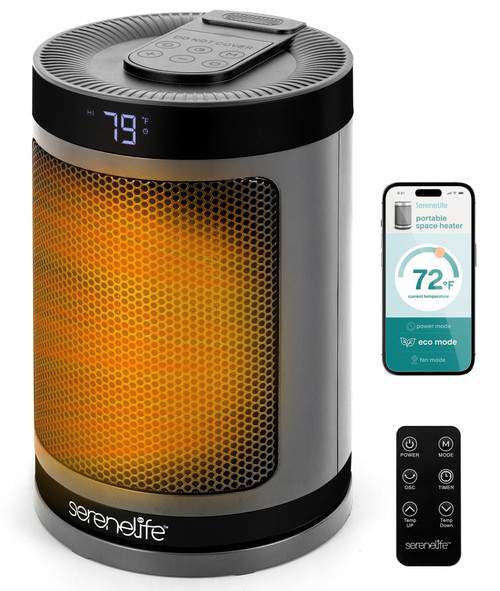 SereneLife Smart Space Heater – 1500W Indoor Electric Heater with Thermostat, Remote Control, 12-Hour Timer, Wi-Fi Enabled PTC Ceramic Heating for Home and Office, Gray (5.9" x 5.9" x 9.5")