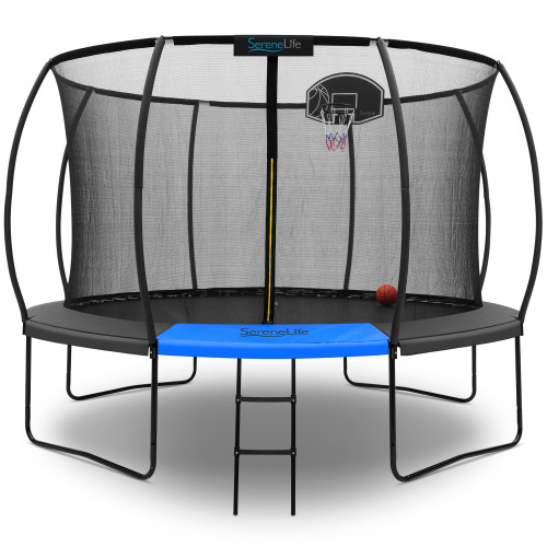SereneLife 12FT Outdoor Trampoline for Kids – Durable Backyard Kids Trampoline with Curved Safety Poles, Net Enclosure, Ladder & Basketball Hoop – ASTM Certified, Supports 308 lbs, 144"x116", Black