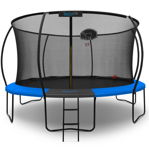SereneLife 14FT Outdoor Trampoline for Kids – Durable Backyard Kids Trampoline with Curved Safety Poles, Net Enclosure, Ladder & Basketball Hoop – ASTM Certified, Supports 330 lbs, 168"x116", Blue