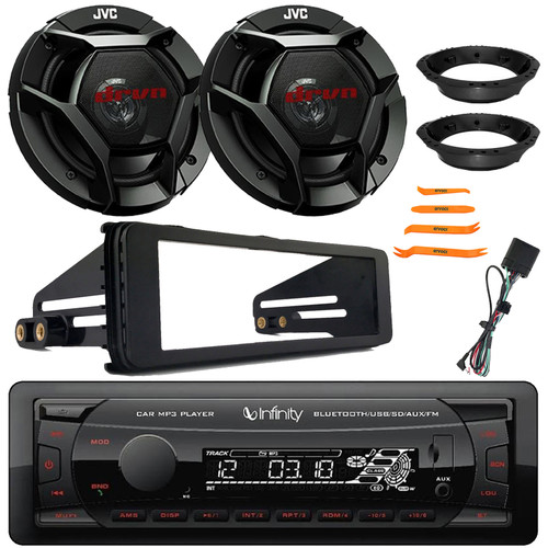 Infinity Alpha 100 Single DIN Bluetooth USB/AUX MP3 Player SD FM Radio Digital Media Receiver W/Install Kit, 2x 6.5" 300 Watts Max Power 2-Way Coaxial Speakers W/Adapters, Pry Tool Set (1998-2013)