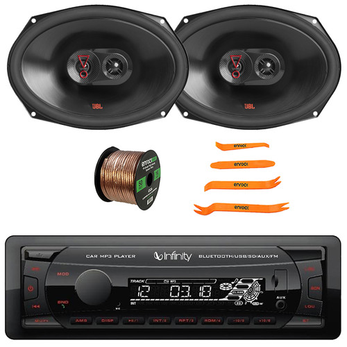Infinity Alpha 100 Single DIN Bluetooth USB/AUX MP3 Player SD FM Radio Digital Media Car Audio Receiver, 2x 6x9" 375W Max Power 3-Way Automotive Speakers, Speaker Wire, 4-Piece Removal Pry Tool Set