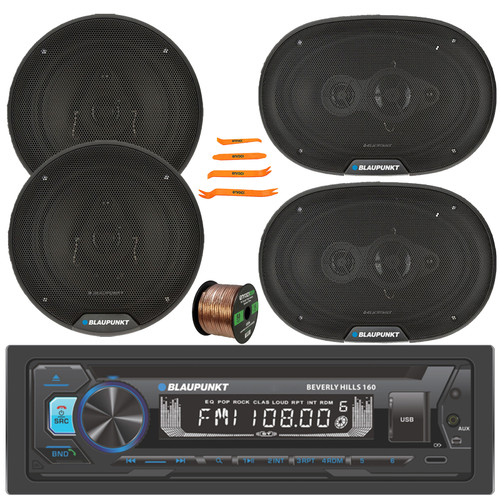 Blaupunkt Beverly Hills 160 Single DIN Detachable Face Bluetooth CD/DVD Player AM/FM Radio Stereo Receiver, 2x 6x9" 70W Max 4-Way Speakers, 2x 6" 40W Max 3-Way Speakers, Speaker Wire, Pry Tool Set