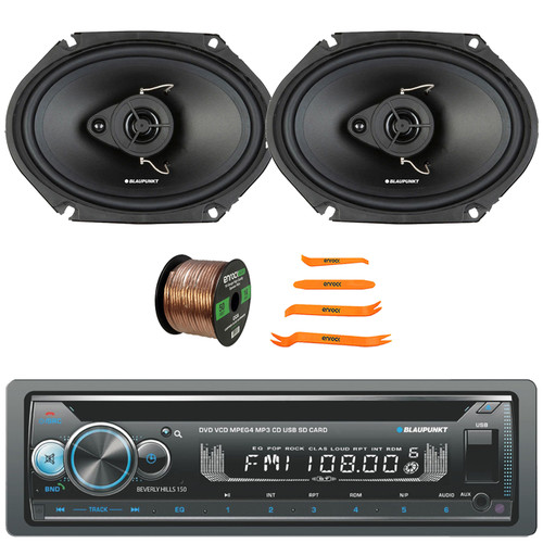 Blaupunkt Beverly Hills 150 Single DIN Detachable Faceplate Bluetooth DVD/CD Player AM/FM Radio Stereo Receiver, 2x 6x8" 60W Max Power 3-Way Car Speakers, 50 Feet 16 Gauge Speaker Wire, Pry Tool Set
