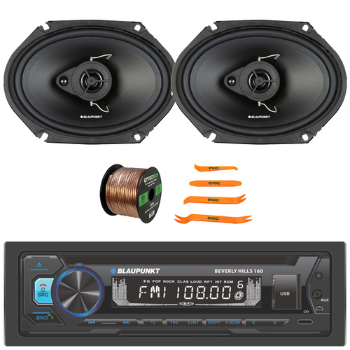 Blaupunkt Beverly Hills 160 Single DIN Detachable Face Bluetooth CD/DVD Player AM/FM Radio Stereo Receiver, 2x 6x8" 60 Watt Max Power 3-Way Car Audio Speakers, 50 Feet 16G Speaker Wire, Pry Tool Set