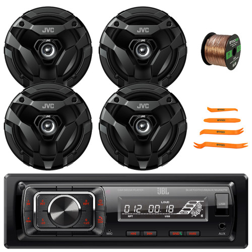 JBL Celebrity150 Single DIN Bluetooth USB/AUX SD Card FM Radio High Power Mechless Car Audio Media Receiver, 4x 6.5" 300W Max Power 2-Way Coaxial Speakers, 50 Feet 16 Gauge Speaker Wire, Pry Tool Set