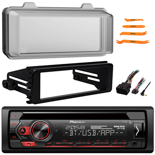 Pioneer DEH-S320BT Single DIN Bluetooth USB/AUX MP3/CD Player Radio Stereo Receiver, Single DIN Stereo Installation Kit, Protective Weather Shield Radio Cover (1998-2013 Harley Davidson Motorcycles)