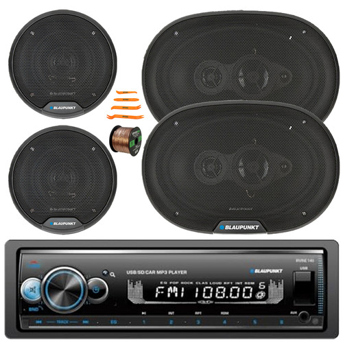 Blaupunkt IRVINE140 Single DIN Bluetooth USB/AUX SD/MP3 Player AM/FM radio Stereo Receiver, 2x 6" 40 Watt Max Power 3-Way Speakers, 2x 6x9" 70 Watt Max Power 4-Way Speakers, Speaker Wire, Pry Tool Set