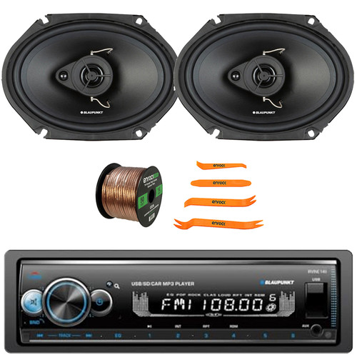 Blaupunkt IRVINE140 Single DIN Bluetooth USB/AUX SD/MP3 Player AM/FM radio Stereo Receiver, 2x 6x8" 60 Watt Max Power 3-Way Car Audio Speakers, 50 Feet 16 Gauge Speaker Wire, Pry Tool Set