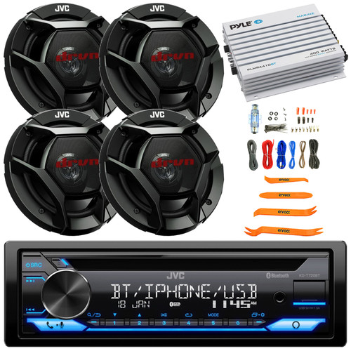 JVC KD-T720BT Single DIN Bluetooth USB/AUX CD Player AM/FM Radio Multimedia Car Audio Stereo Receiver, 4x 6.5" 300W Max Power 2-Way Coaxial Speakers, 4 Channel 400W Max Amplifier W/Kit, Pry Tool Set