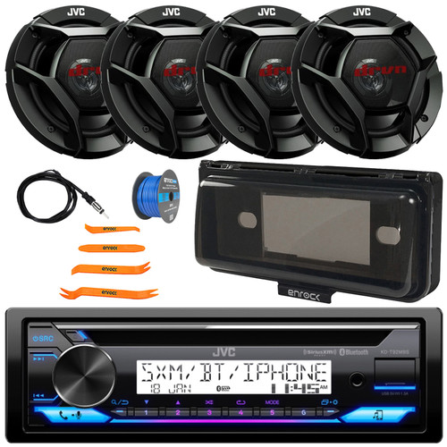 JVC KD-T92MBS Single DIN Marine MotorSports Bluetooth USB/AUX CD Player AM/FM Radio Stereo Receiver W/Black Cover, 4x 6.5" 300W Max 2-Way Coaxial Speakers, Radio Antenna, Speaker Wire, Pry Tool Set