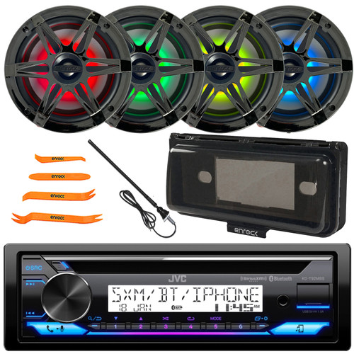 JVC KD-T92MBS Single DIN Marine MotorSports Bluetooth USB/AUX CD Player AM/FM Radio Stereo Receiver W/Black Cover, 4x 6.5" 120W Max Power RGB LED Speakers W/Chrome Grilles, Radio Antenna, Pry Tool Set