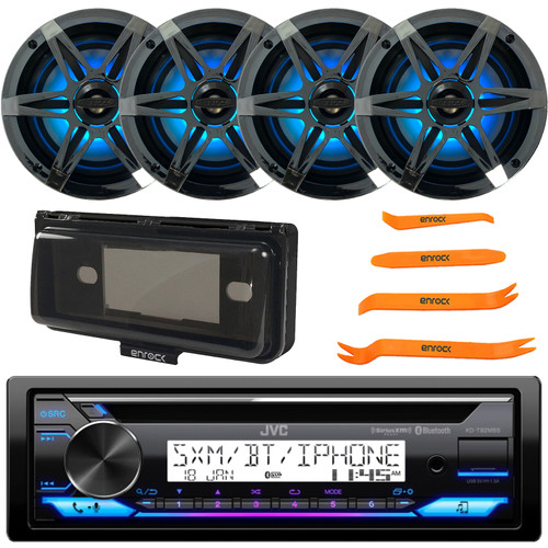 JVC KD-T92MBS Single DIN Marine Motorsports Bluetooth USB/AUX CD Player AM/FM Radio Stereo Receiver W/Black Cover, 4x 6.5" 120W Max RGB LED Coaxial Speakers W/Chrome Grilles, Removal Pry Tool Set