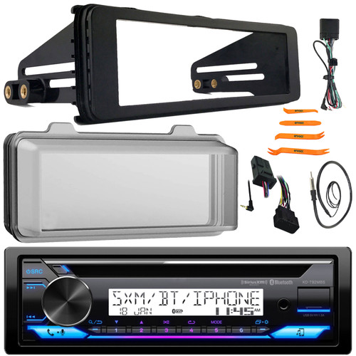 JVC KD-T92MBS Single DIN Marine MotorSports Bluetooth USB/AUX CD Player AM/FM Stereo Receiver, Single-DIN Stereo Installation Kit, Radio Cover, Handlebar Control Interface, Radio Antenna, Pry Tool Set