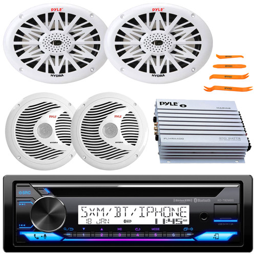 JVC KD-T92MBS Single DIN Marine Motorsports Bluetooth USB/AUX CD Player AM/FM Stereo Receiver, 2x 6.5" 150W Max Full Range Speakers, 2x 6x9" 260W Max 2-Way Speakers, 4 Channel Amplifier, Pry Tool Set