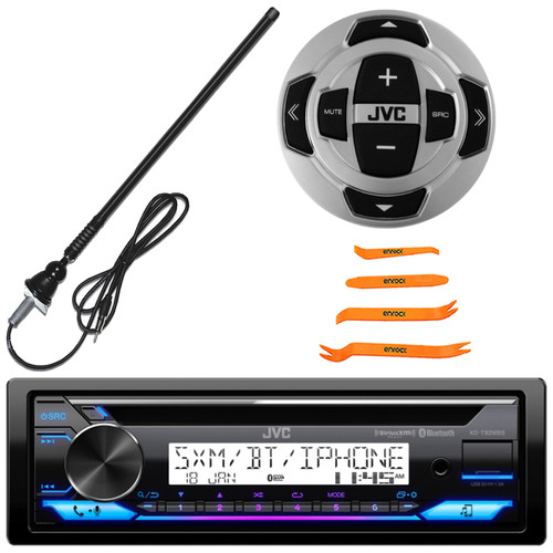 JVC KD-T92MBS Single DIN Marine Motorsports Bluetooth USB/AUX CD Player AM/FM Radio Stereo Receiver W/Boat Wired Remote for JVC Receivers, Long Range Radio Antenna, 4-Piece Removal Pry Tool Set