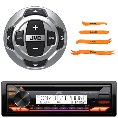 JVC KD-T92MBS Single DIN Marine Motorsports Bluetooth USB/AUX CD Player AM/FM Radio Stereo Receiver W/Boat Wired Remote, 4-Piece Plastic Car Door Trim, Dash & Stereo Removal Pry Tool Set
