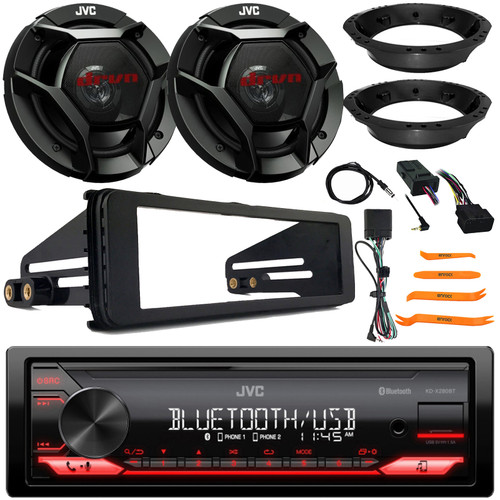 JVC KD-X280BT Single Din Bluetooth USB/AUX AM/FM Digital Media In-Dash Receiver W/Install Kit, 2x 6.5" 300W Max 2-Way Speakers W/Adapters, Handlebar Control Interface, Radio Antenna, Pry Tool Set