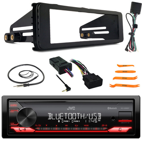 JVC KD-X280BT Single Din Bluetooth USB/AUX AM/FM Radio Digital Media In-Dash Stereo Receiver, Single-DIN Stereo Installation Kit, Handlebar Control Interface, 22" Radio Antenna, Pry Tool Set (98-2013)