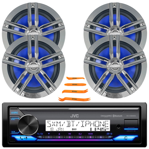 JVC KD-X38MBS Single DIN Marine Motorsports Bluetooth USB/AUX LED Illumination AM/FM Radio SiriusXM Ready Stereo Receiver, 4x 6.5" 180W Max 2-Way High-Performance Boat Charcoal Speakers, Pry Tool Set