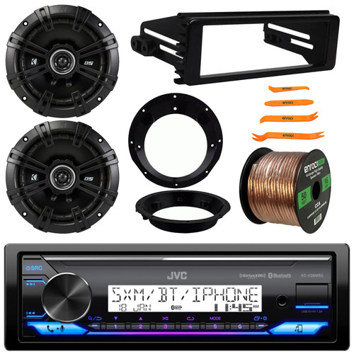 JVC KD-X38MBS Single DIN Marine Motorsports Bluetooth USB/AUX LED AM/FM SiriusXM Ready Stereo Receiver W/Install Kit, 2x 6.5" 240W Max 2-Way Speakers W/Adapters, Wire, 4-Piece Removal Pry Tool Set