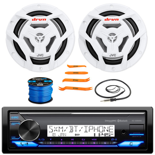 JVC KD-X38MBS Single DIN Marine Motorsports Bluetooth USB/AUX LED Illumination AM/FM Radio SiriusXM Ready Stereo Receiver, 2x 6.5" 150W Max 2-Way Speakers, Radio Antenna, Speaker Wire, Pry Tool Set