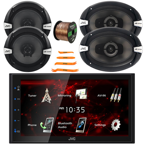 JVC KW-M180BT Double DIN 6.8" Capacitive Touchscreen Bluetooth USB Digital Media Multimedia Receiver, 2x 6.5" 300W Max 2-Way Speakers, 2x 6x9" 500W Max 3-Way Speakers, Speaker Wire, Pry Tool Set