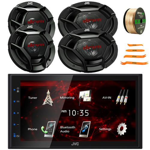 JVC KW-M180BT Double DIN 6.8" Capacitive Touchscreen Bluetooth USB Multimedia Digital Media Receiver, 2x 6.5" 300W Max 2-Way Speakers, 2x 6x9" 550W Max 4-Way Speakers, Speaker Wire, Pry Tool Set