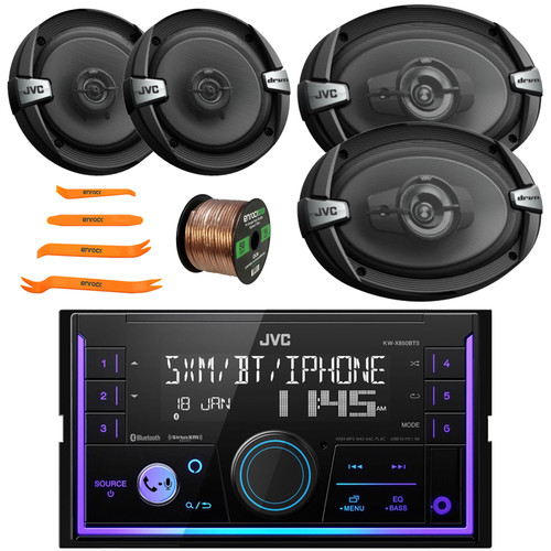 JVC KW-X850BTS Double DIN Mechless Bluetooth USB/AUX AM/FM Radio Digital Media Car Audio Stereo Receiver, 2x 6.5" 300W Max 2-Way Speakers, 2x 6x9" 500W Max 3-Way Speakers, Speaker Wire, Pry Tool Set