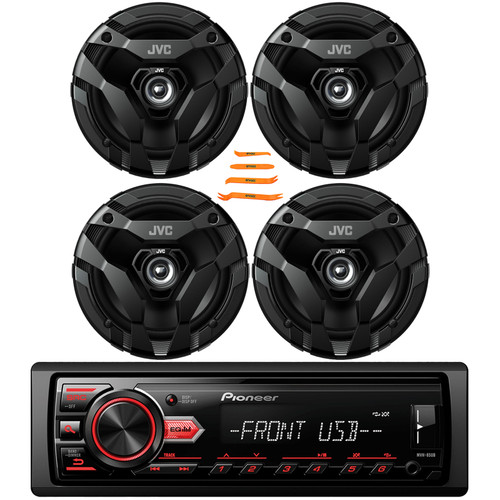 Pioneer MVH-85UB Single DIN USB/AUX MP3 Player AM/FM Radio Car Audio Stereo Receiver, 4x JVC CS-DF620 drvn DF Series 6.5" 300 Watts Max Power 2-Way Coaxial Automotive Speakers, Pry Tool Set