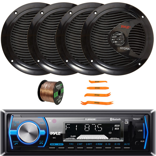 Pyle PLMRB29B Single DIN Bluetooth USB/AUX MP3 Player AM/FM Radio In-Dash Stereo Black Receiver w/ Remote Control, 4x 6.5" 150W Max Full Range Dual Cone Waterproof Speakers, Speaker Wire, Pry Tool Set