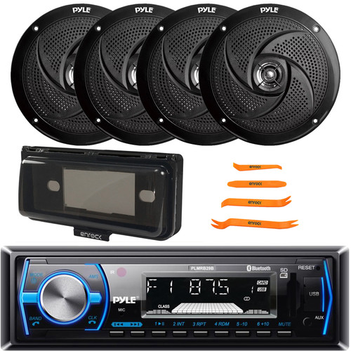 Pyle PLMRB29B Single DIN Marine Bluetooth USB/AUX MP3 Player AM/FM Radio In-Dash Stereo Black Receiver W/Black Cover, 4x 8'' 320 Watt Max Power Low Profile 2-Way Boat Black Speakers, Pry Tool Set