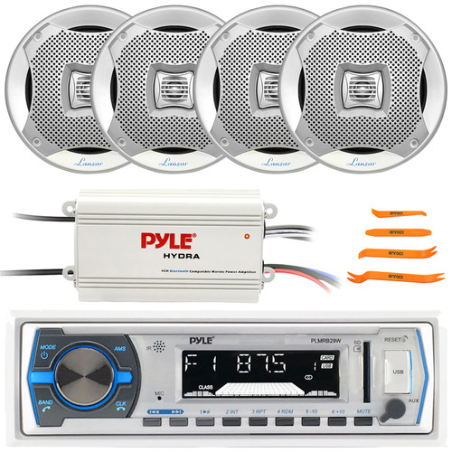 Pyle PLMRB29W Single DIN Marine Bluetooth USB/AUX MP3 Player AM/FM Radio In-Dash Stereo White Receiver, 4x 6.5" 400W Max 2-Way Water Resistant Boat Silver Speakers, 4-Channel Amplifier, Pry Tool Set