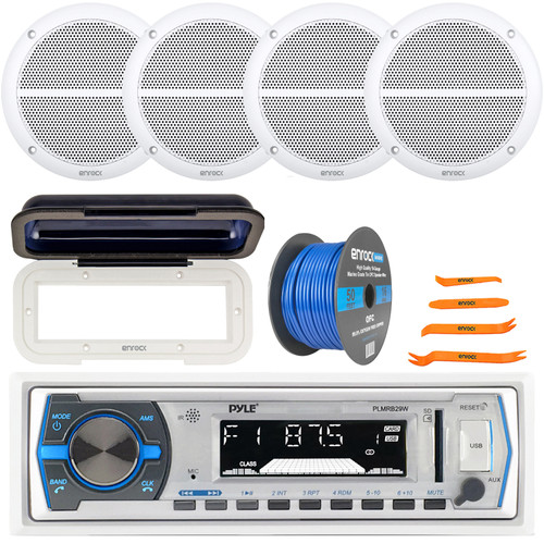Pyle PLMRB29W Single DIN Marine Bluetooth MP3 In-Dash Stereo White Receiver W/White Cover, 4x 6.5" 90 Watt Max Power 2-Way Full Range Boat White Speakers, Speaker Wire, 4-Piece Removal Pry Tool Set