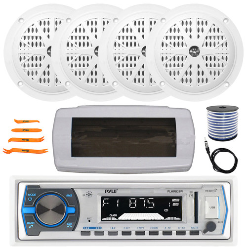 Pyle PLMRB29W Single DIN Marine Bluetooth USB/AUX MP3 Player AM/FM Radio In-Dash Stereo White Receiver W/White Cover, 4x 4'' 100W Max Dual Cone Speakers, Radio Antenna, Speaker Wire, Pry Tool Set