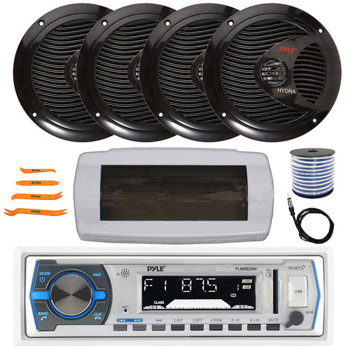 Pyle PLMRB29W Single DIN Marine Bluetooth USB/AUX MP3 Player AM/FM Radio In-Dash Stereo White Receiver W/White Cover, 4x 6.5" 150W Max Full Range Speakers, Radio Antenna, Speaker Wire, Pry Tool Set