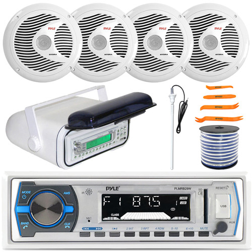 Pyle PLMRB29W Single DIN Marine Bluetooth MP3 Player In-Dash Stereo Receiver W/White Cover, 4x 6.5" 150W Max Full Range Dual Cone Speakers, Radio Antenna, Speaker Wire, 4-Piece Removal Pry Tool Set