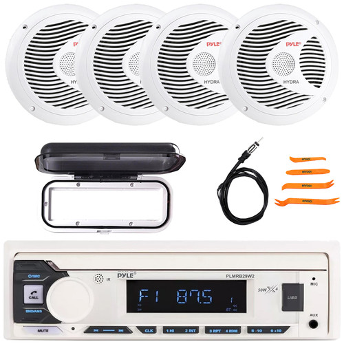 Pyle PLMRB29W2 Single DIN Marine Bluetooth USB/AUX MP3 Player AM/FM Radio Stereo Receiver W/White Cover, 4x 6.5" 150W Max Full Range Dual Cone Waterproof White Speakers, Radio Antenna, Pry Tool Set