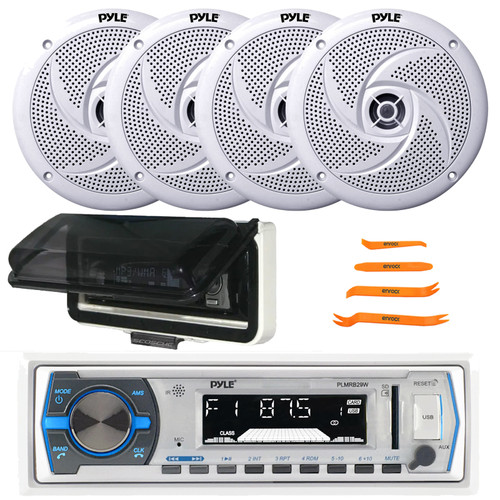 Pyle PLMRB29W Single DIN Marine Bluetooth USB/AUX MP3 Player AM/FM Radio In-Dash Stereo White Receiver W/White Cover, 4x 6'' 240 Watt Max Power Low Profile 2-Way Boat White Speakers, Pry Tool Set