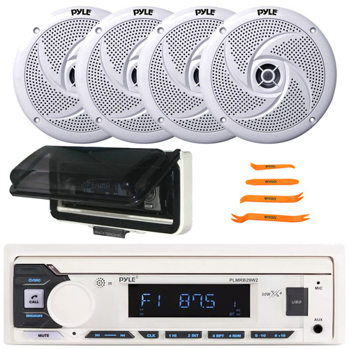 Pyle PLMRB29W2 Single DIN Marine Bluetooth USB/AUX MP3 Player AM/FM Radio Stereo Receiver W/White Cover, 4x 6" 240 Watt Max Power Low Profile 2-Way White Boat Speakers, 4-Piece Pry Tools Set