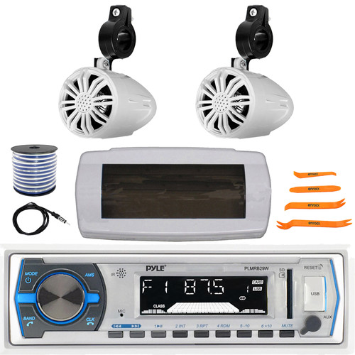 Pyle PLMRB29W Single DIN Marine Bluetooth MP3 Player In-Dash Stereo Receiver W/White Cover, 2x 2.25’' 10W Max Waterproof Full Range Off-Road Boat Speakers, Antenna, Wire, 4-Piece Removal Pry Tool Set