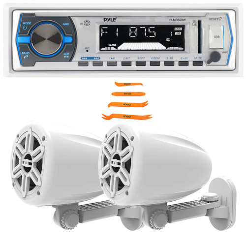 Pyle PLMRB29W Single DIN Marine Bluetooth USB/AUX MP3 Player AM/FM Radio In-Dash Stereo White Receiver W/Remote Control, 2x 4’’ 150W Max 2-Way Waterproof Off-Road Outdoor Boat Speakers, Pry Tool Set