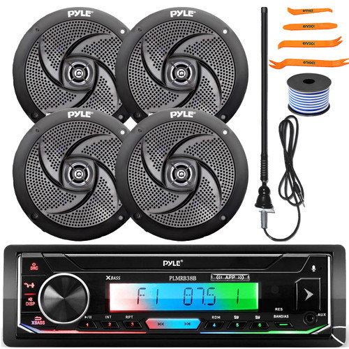 Pyle PLMRB38B Single DIN Marine Bluetooth USB/AUX MP3 Player AM/FM Radio Stereo Black Receiver, 4x 5.25" 180W Max Power 2-Way Low Profile Slim Style Speakers, Radio Antenna, Speaker Wire, Pry Tool Set