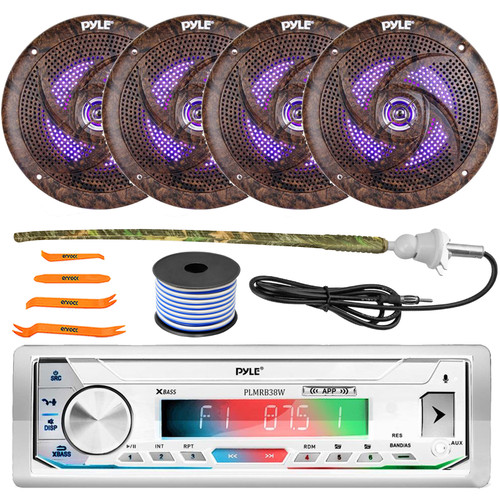 Pyle PLMRB39W Single DIN LCD Display Marine Bluetooth USB/AUX MP3 Player AM/FM Stereo White Receiver W/Remote Control, 4x 6.5'' 240W Max Low Profile LED Camo Speakers, Radio Antenna, Speaker Wire