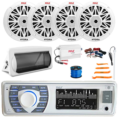 Pyle PLRMR23BTW Single DIN Marine Bluetooth USB/AUX MP3 AM/FM Stereo Receiver W/White Cover, 4x 6.5'' 200W Max 2-Way Dual Speakers, Amplifier W/Kit, Antenna, Wire, 4-Piece Removal Pry Tool Set